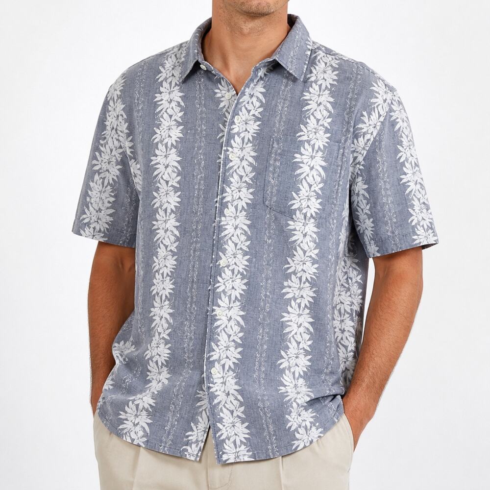 Caribbean Shirt Mens XL Gray White Hawaiian Linen Short Sleeve Pocket